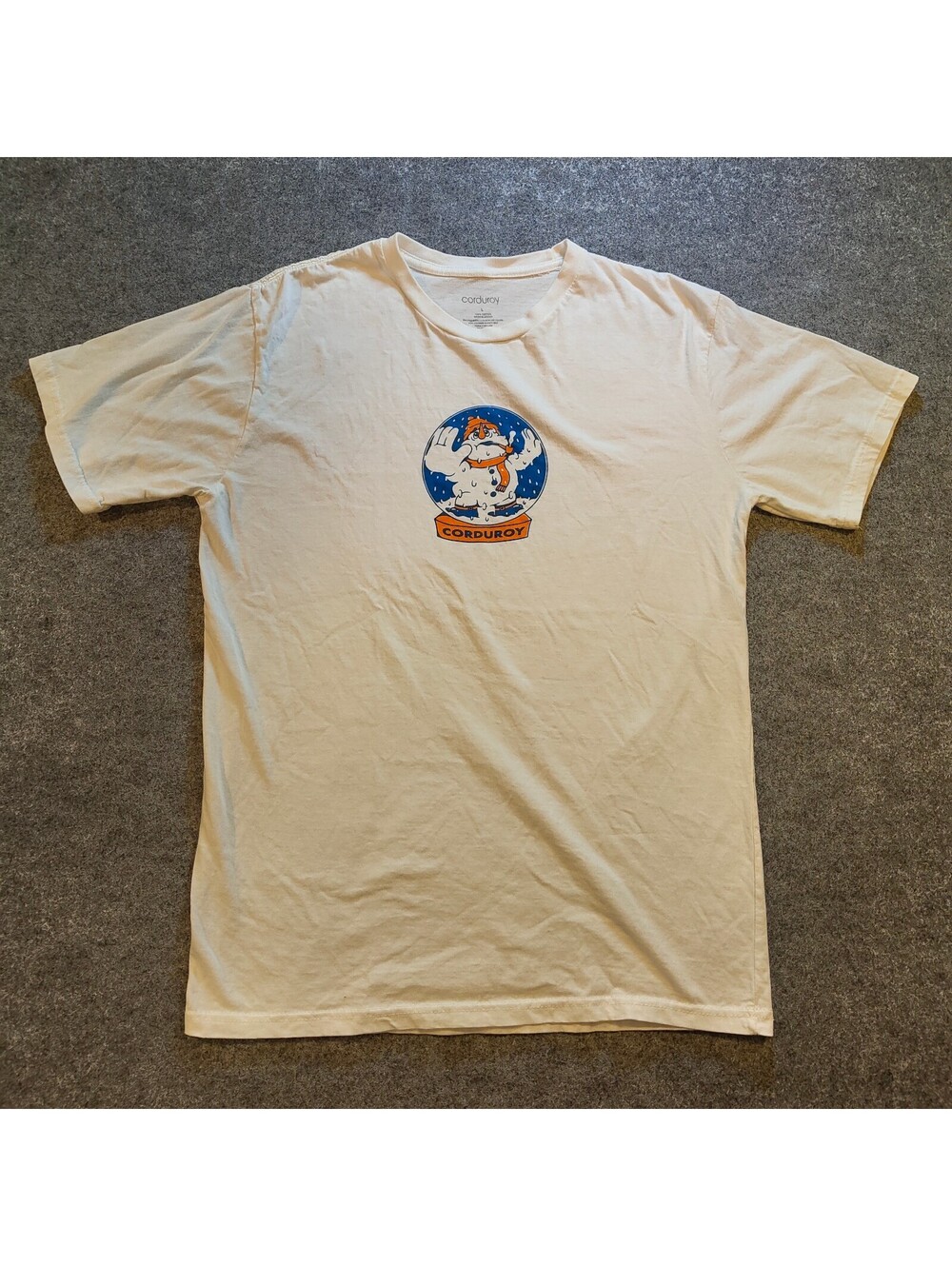 Corduroy Snowman Snowglobe Graphic Tee L – Light Cotton Novelty Shirt